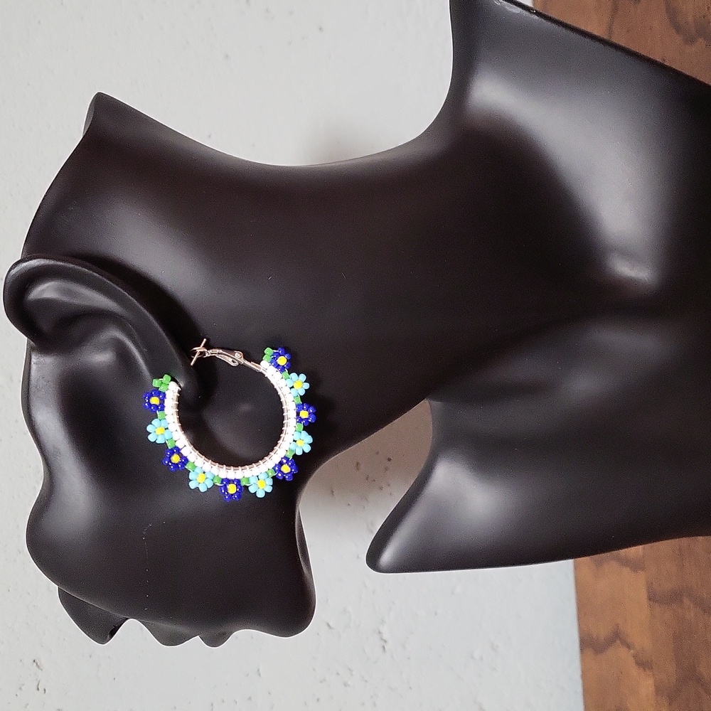 Handmade beaded Floral Earrings – Dark Blue, Light Blue, Yellow, Green, & White.